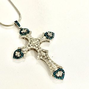 Silver 925 Cross With Genuine Diamond And Treated Blue Diamond Pendant N…